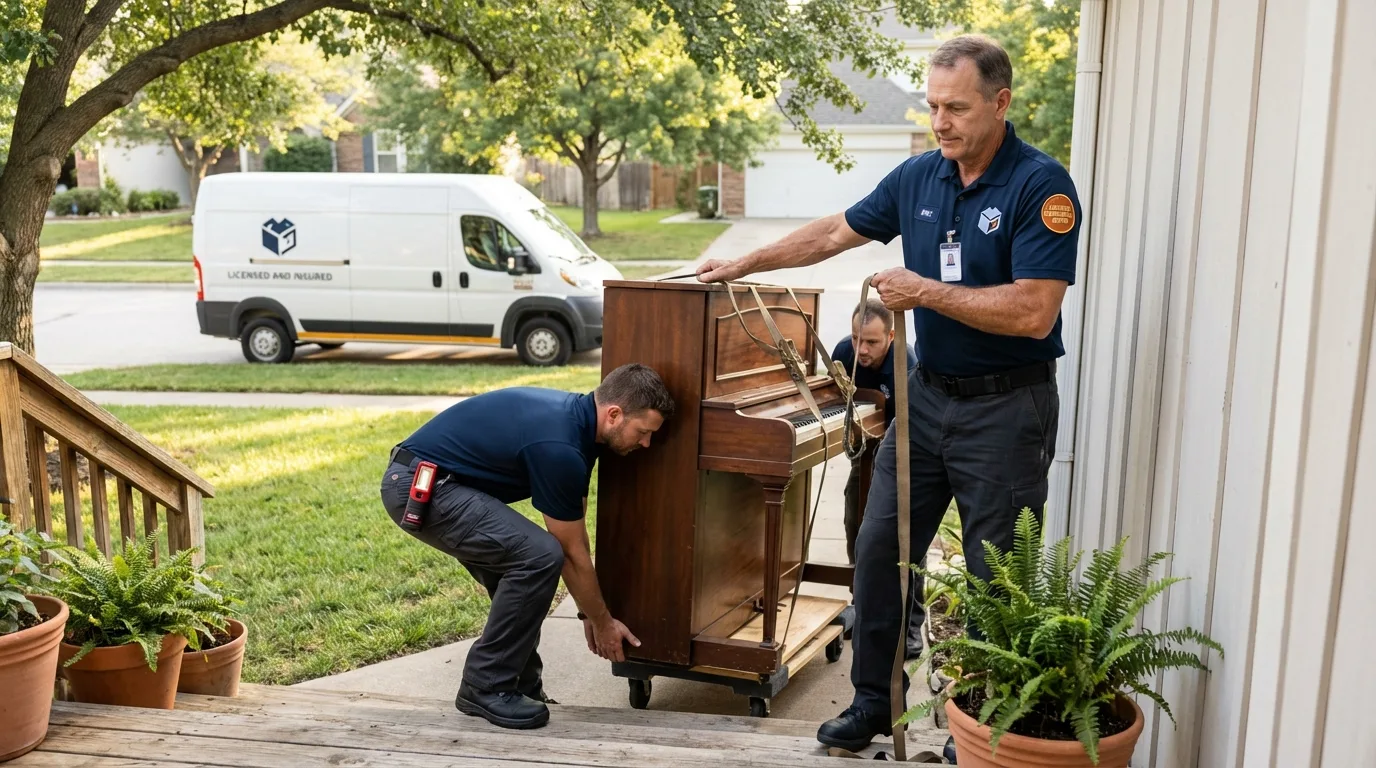 Licensed piano movers securing grand piano in Armona, CA